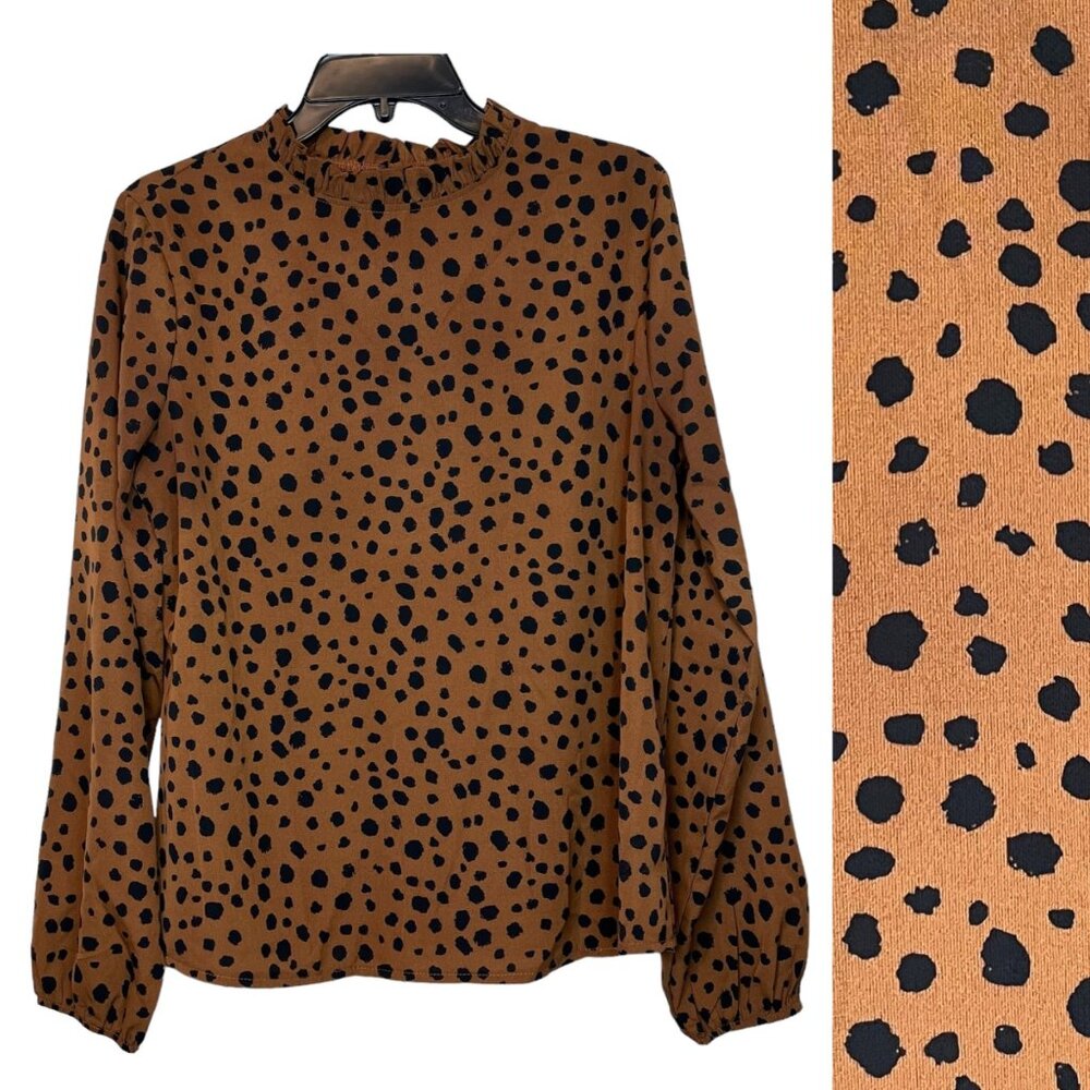 SHEIN Blouse L Brown Black Animal Print Ruffle Mockneck Long Sleeve Top Sz Large